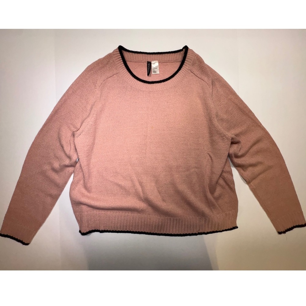 H&M Divided Pink Knit Sweater Black Scalloped Trim Womens Large 0454062 5 - Picture 1 of 5